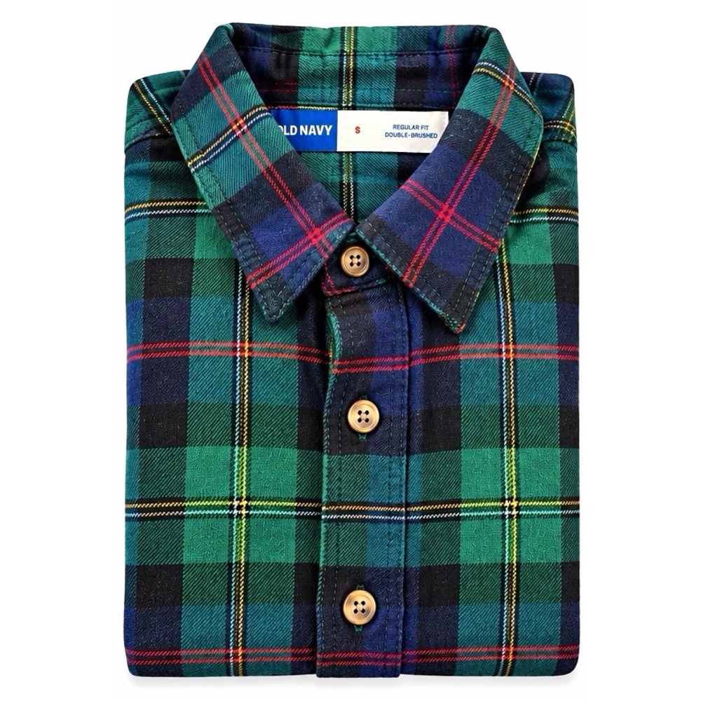 Old Navy Mens S Green Navy Plaid Flannel Shirt Long Sleeve Cotton Button Up NWT